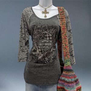 Harley Davidson Lace Sleeve Graphic Top Floral Logo Bling M
